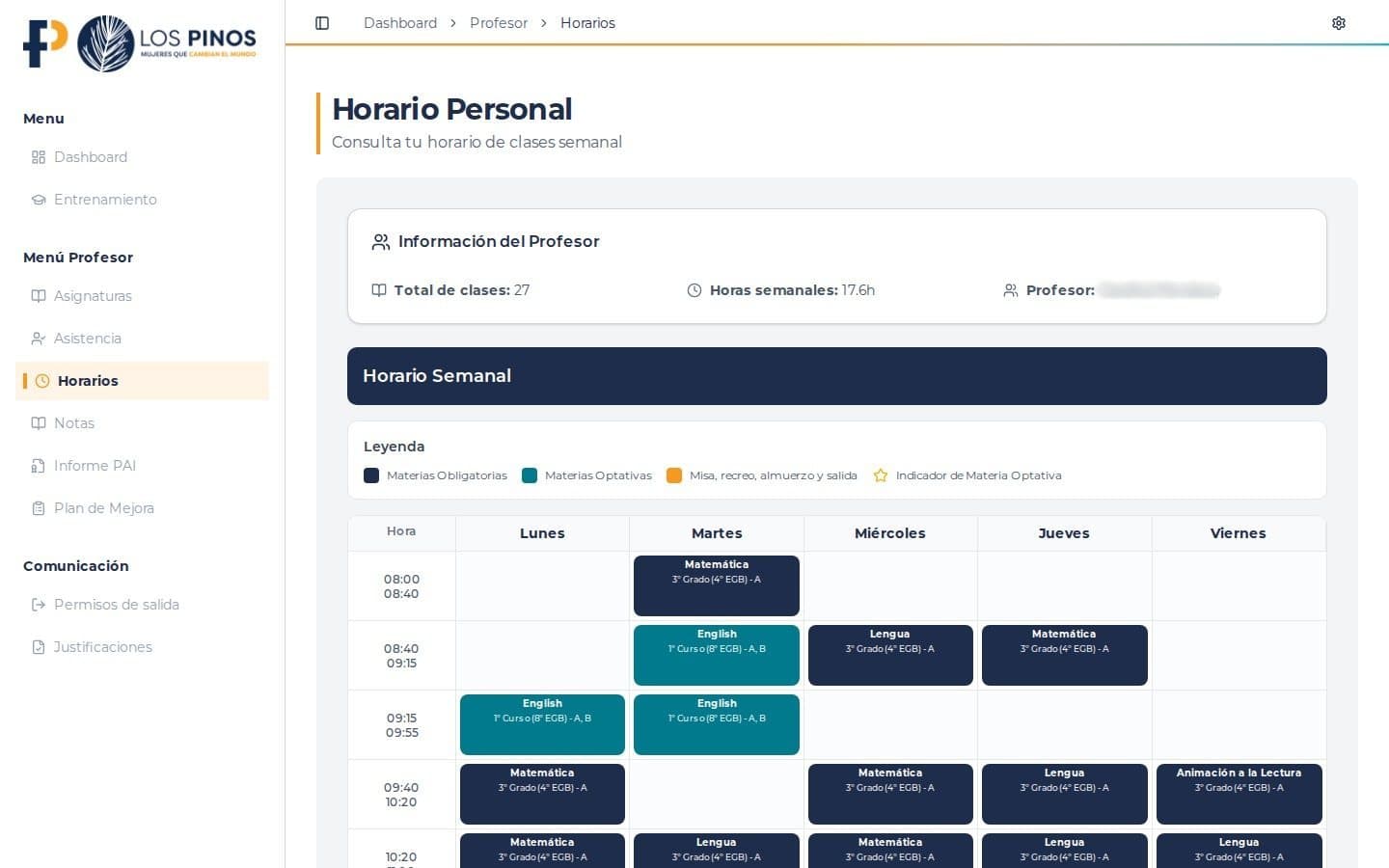 Los Pinos Online: horario semanal de una profesora