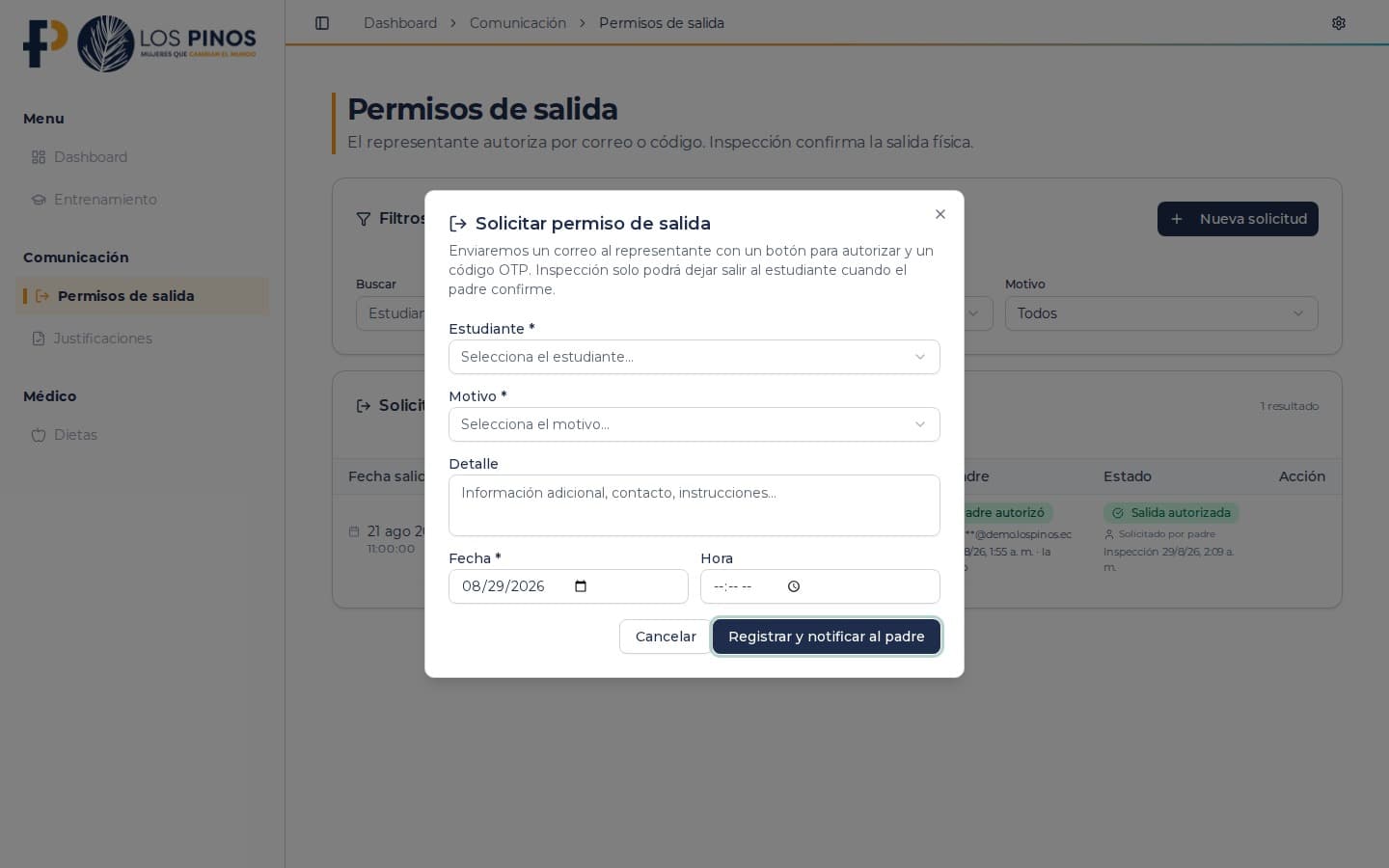Los Pinos Online: solicitud de permiso de salida que se notifica al representante