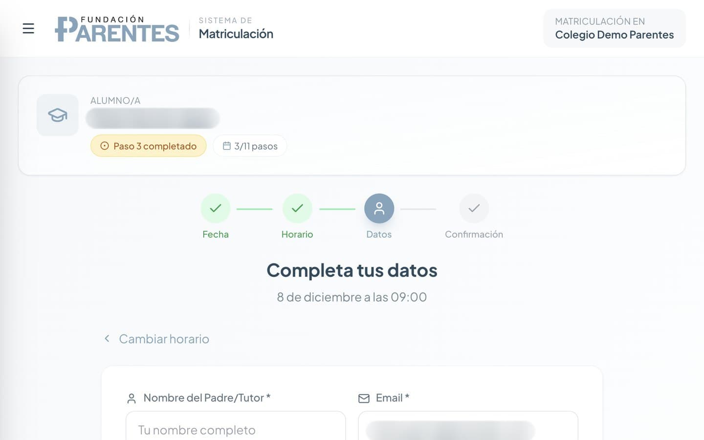 Matriculación Parentes: la familia agenda su entrevista y completa sus datos
