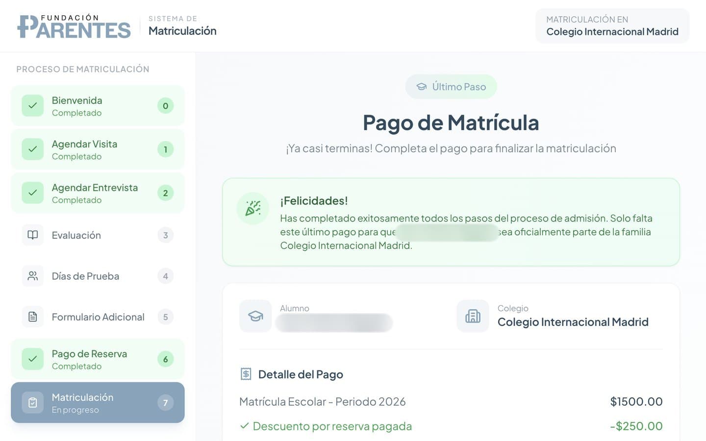 Matriculación Parentes: último paso del proceso con el detalle del pago de matrícula