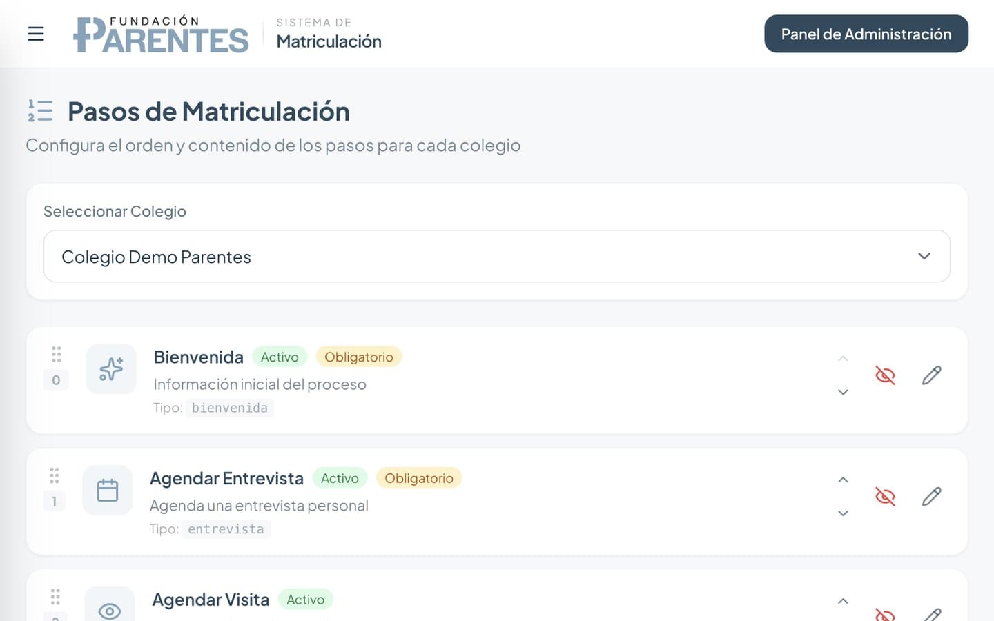Matriculación Parentes: pasos del proceso configurables por colegio