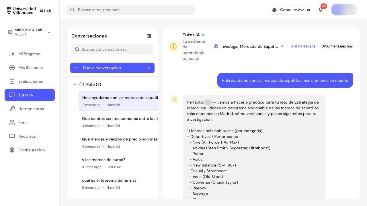 Villanueva AI Lab: conversación con el Tutor IA sobre un reto